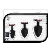 Набор черных анальных пробок с красным кристаллом-сердечком Bling Plugs Training Kit - Blush Novelties - купить с доставкой в Прокопьевске