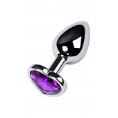 Серебристая коническая анальная пробка с фиолетовым кристаллом-сердечком - 7 см. - ToyFa - купить с доставкой в Прокопьевске
