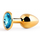 Золотистая анальная пробка с голубым стразом - 7,2 см. - Anal Jewelry Plug - купить с доставкой в Прокопьевске
