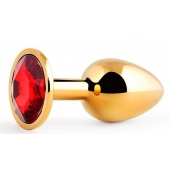 Золотистая анальная пробка с красным стразом - 7,2 см. - Anal Jewelry Plug - купить с доставкой в Прокопьевске