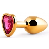 Золотистая анальная пробка с малиновым кристаллом-сердечком - 7 см. - Anal Jewelry Plug - купить с доставкой в Прокопьевске