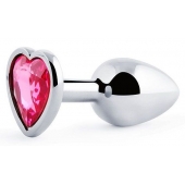 Серебристая анальная пробка с малиновым кристаллом-сердечком - 7 см. - Anal Jewelry Plug - купить с доставкой в Прокопьевске