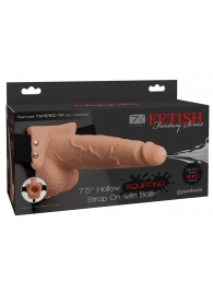 Телесный полый страпон с имитацией эякуляции 7.5  Hollow Squirting Strap-On with Balls Flesh - 21,6 см. - Pipedream - купить с доставкой в Прокопьевске