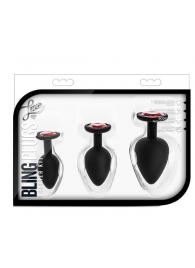 Набор черных анальных пробок с красным кристаллом-сердечком Bling Plugs Training Kit - Blush Novelties - купить с доставкой в Прокопьевске