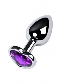 Серебристая коническая анальная пробка с фиолетовым кристаллом-сердечком - 7 см. - ToyFa - купить с доставкой в Прокопьевске