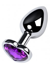 Серебристая коническая анальная пробка с фиолетовым кристаллом-сердечком - 7 см. - ToyFa - купить с доставкой в Прокопьевске
