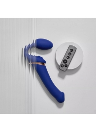 Синий безремневой страпон Multi Orgasm Bendable Strap-On size L с клиторальной стимуляцией - Strap-on-me - купить с доставкой в Прокопьевске