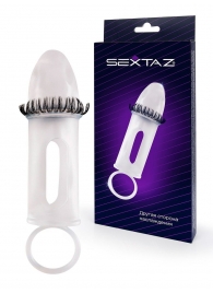 Закрытая насадка на пенис с подхватом мошонки и стимулирующими «ресничками» - Sextaz - в Прокопьевске купить с доставкой