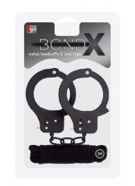 Чёрные наручники из листового металла в комплекте с веревкой BONDX METAL CUFFS LOVE ROPE SET - Dream Toys - купить с доставкой в Прокопьевске