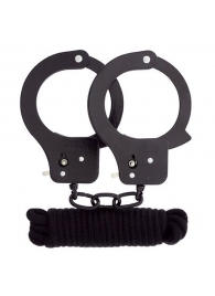 Чёрные наручники из листового металла в комплекте с веревкой BONDX METAL CUFFS LOVE ROPE SET - Dream Toys - купить с доставкой в Прокопьевске