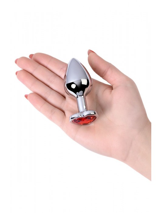 Серебристая коническая анальная пробка с красным кристаллом-сердечком - 7 см. - ToyFa - купить с доставкой в Прокопьевске
