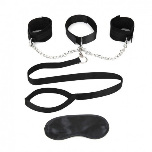 Чёрный ошейник с наручниками и поводком Collar Cuffs   Leash Set - Lux Fetish - купить с доставкой в Прокопьевске