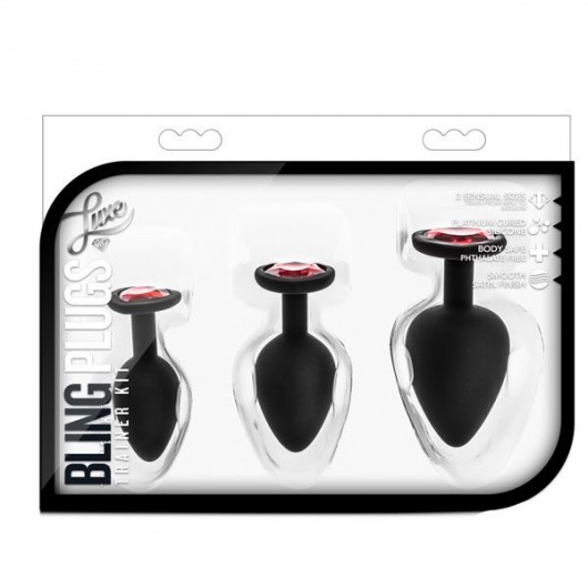 Набор черных анальных пробок с красным кристаллом-сердечком Bling Plugs Training Kit - Blush Novelties - купить с доставкой в Прокопьевске