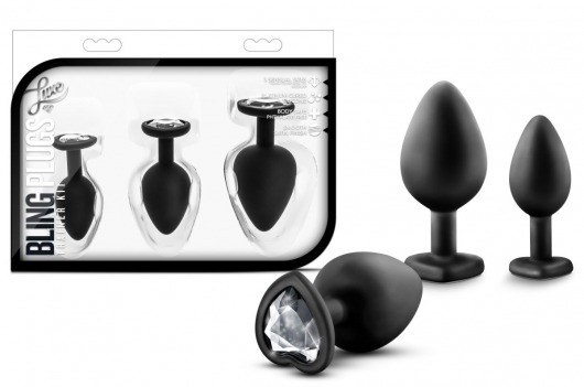 Набор из 3 черных пробок с прозрачным кристаллом-сердечком Bling Plugs Training Kit - Blush Novelties - купить с доставкой в Прокопьевске
