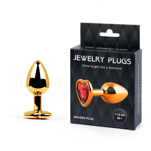 Золотистая анальная пробка с красным стразом-сердечком - 7 см. - Anal Jewelry Plug - купить с доставкой в Прокопьевске