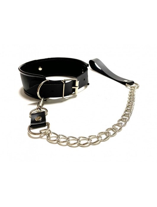 Черный ошейник с поводком из эко-кожи - БДСМ Арсенал - купить с доставкой в Прокопьевске