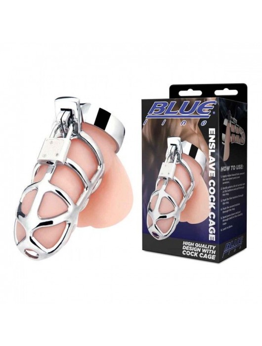 Серебристая металлическая клетка для члена с замком Enslave Cock Cage - BlueLine - купить с доставкой в Прокопьевске