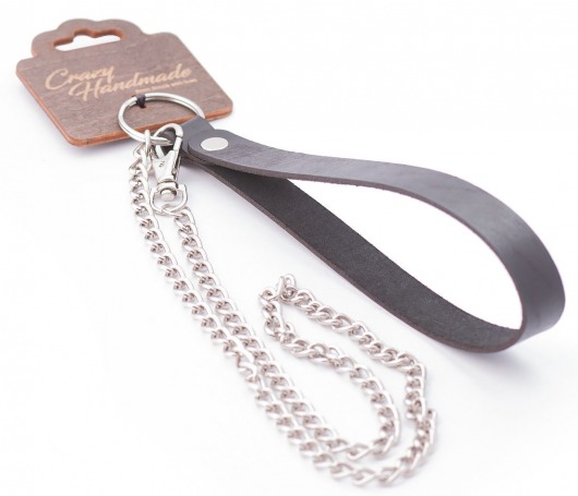 Серебристый металлический поводок с кожаной черной ручкой - 80 см. - Crazy Handmade - купить с доставкой в Прокопьевске