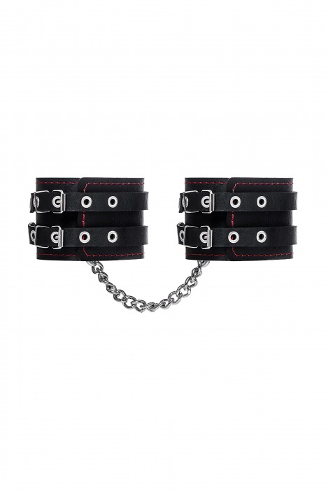 Черные кожаные оковы с двумя ремнями и контрастной строчкой - Pecado - купить с доставкой в Прокопьевске