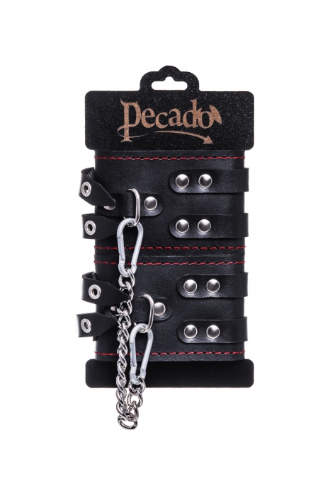 Черные кожаные оковы с двумя ремнями и контрастной строчкой - Pecado - купить с доставкой в Прокопьевске