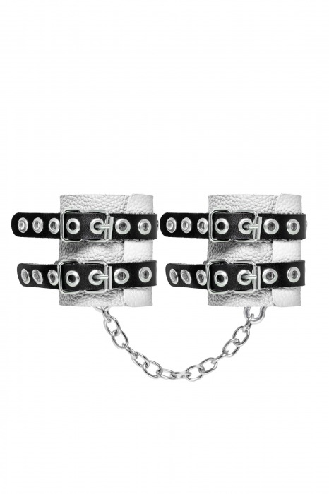 Бело-черные наручники с двумя ремешками и люверсами - Pecado - купить с доставкой в Прокопьевске