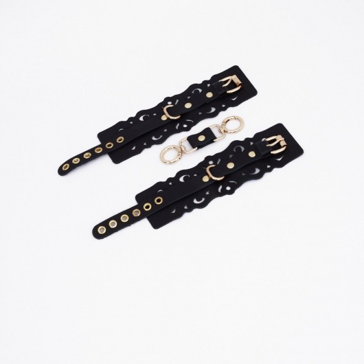 Черные кожаные наручники с узорами и золотистой фурнитурой - Crazy Handmade - купить с доставкой в Прокопьевске