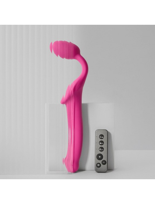 Ярко-розовый безремневой страпон Strap-on-me Vibrating Bendable Strap-On size L - Strap-on-me - купить с доставкой в Прокопьевске