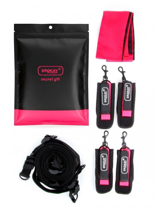 Черно-розовый эротический набор: фиксатор, оковы, наручники, повязка - Erokay - купить с доставкой в Прокопьевске